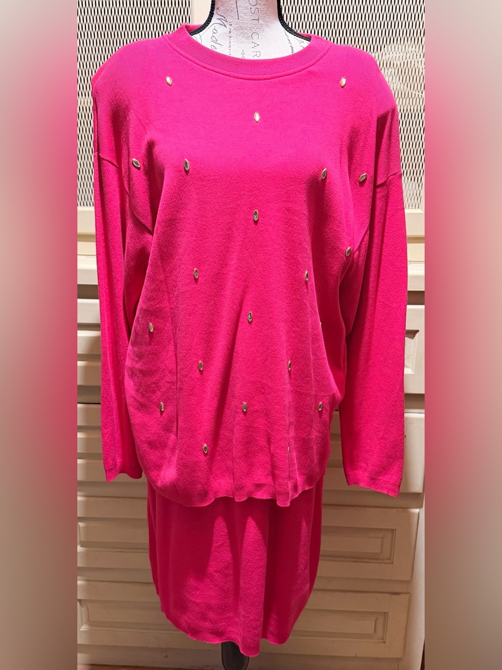 VTG 80s Horchow Pink Rhinestone Skirt Set XL